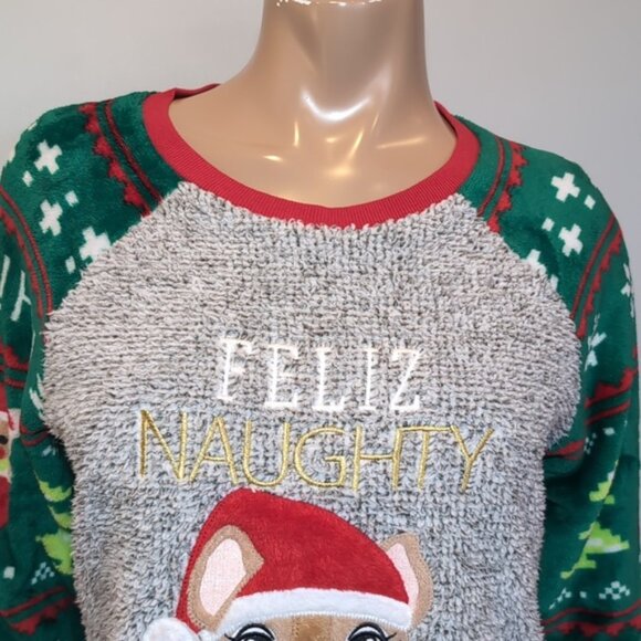 Ugly Christmas Sweater Fleece Feliz Naughty Dog Raglan Knit Pullover Holiday - Picture 2 of 11
